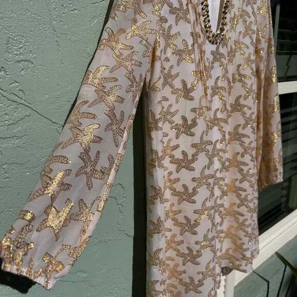 Lilly Pulitzer Colby Silk Tunic Dress White Gold Starfish
